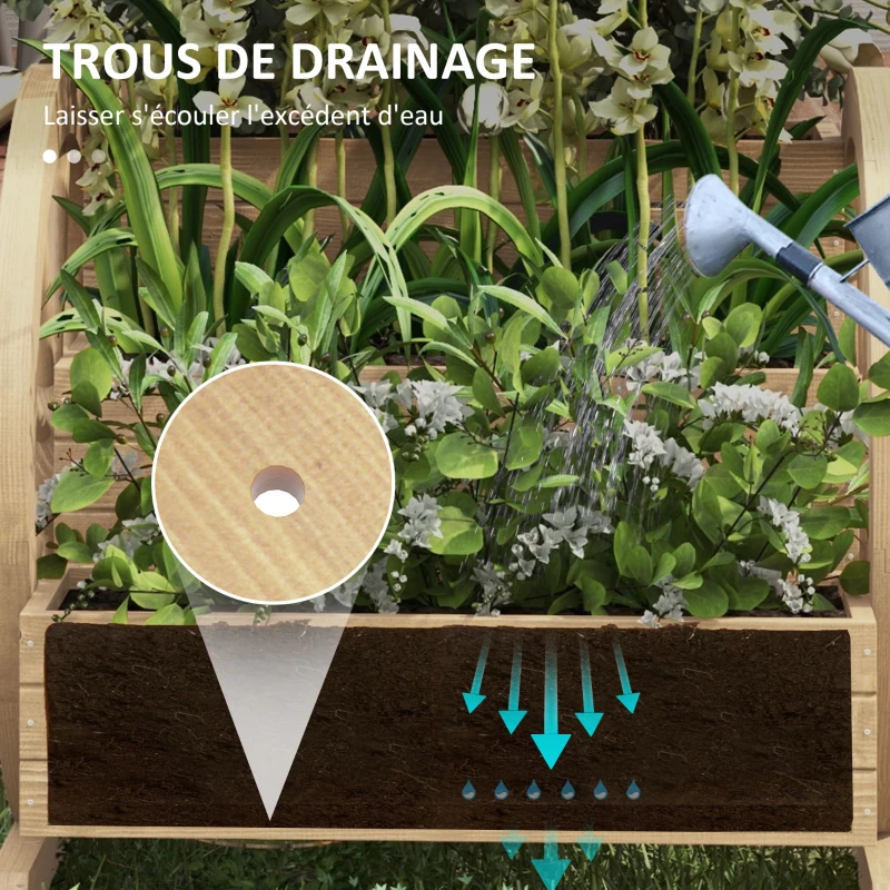 Outsunny Jardinière sur Pieds carré Potager 3 étages avec 2 roues Charrette Bois Sapin, dim. 62L x 61l x 57H cm