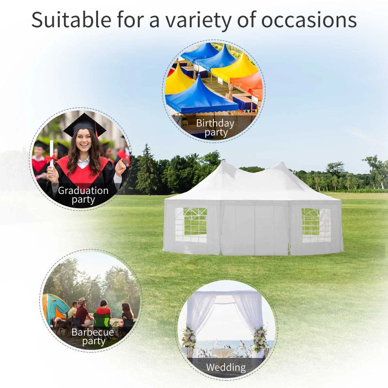 Outsunny 8 Sides Octagonal Garden Gazebo Marquee Party Tent Wedding Canopy Outdoor Heavy Duty Metal Frame (6.8m x 5m) - White