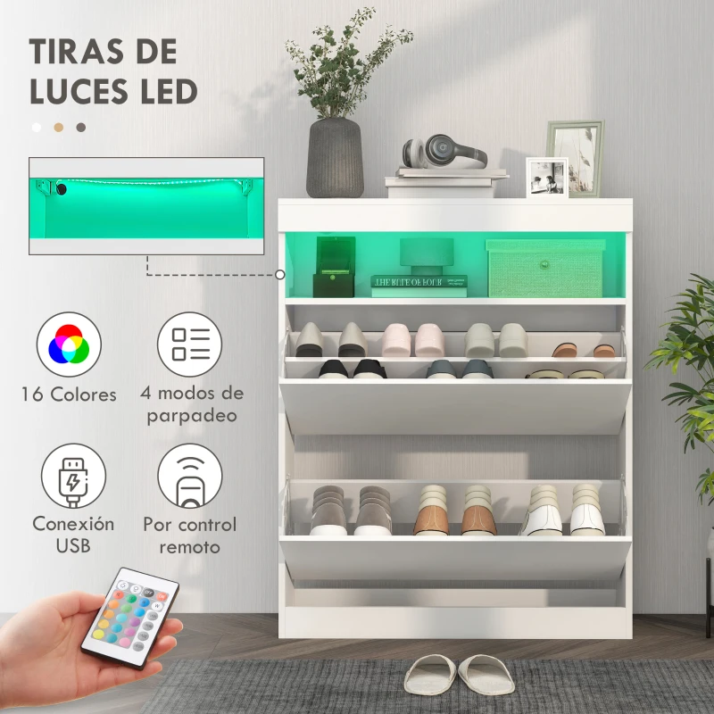 HOMCOM Armario Zapatero con Luces LED y 2 Cajones Abatibles para 12-16 Pares de Zapatos 80x24x99,5 cm Blanco Brillante(m-5)