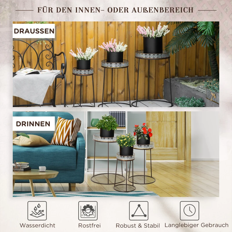 Outsunny Blumenständer 3er Set aus Metall Pflanzenständer Set Blumenhocker Blumentopfhalter Pflanzenhocker für Blumentopf Stapelbar Kaffee+Silber