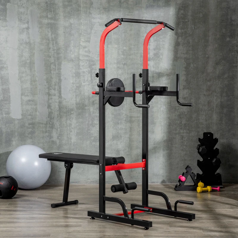 HOMCOM Power Tower Dip Station Büro Fitnesscenter multifunktionale Kraftstation höhenverstellbar täglich Training klappbar Rückenbrett Stahl PP PVC Schwarz+Rot 94 x 174 x 180-230 cm