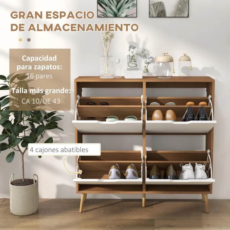 HOMCOM Mueble Zapatero con 4 Cajones Abatibles y Estantes Ajustables Armario de Zapatos para 16 Pares 95x26x95 cm Natural(m-4)