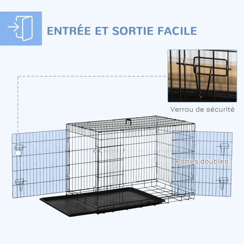 PawHut Cage caisse de transport pliante pour chien en acier 2 portes verrouillables 106L x 68l x 76H cm noir