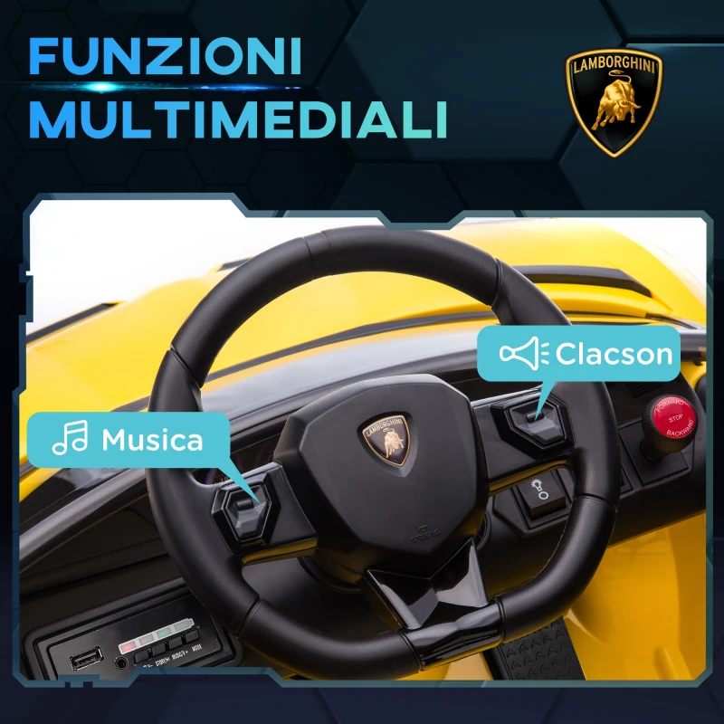 HOMCOM Macchina Elettrica per Bambini 12V con Licenza Lamborghini, Telecomando, Clacson e Musica, Giallo