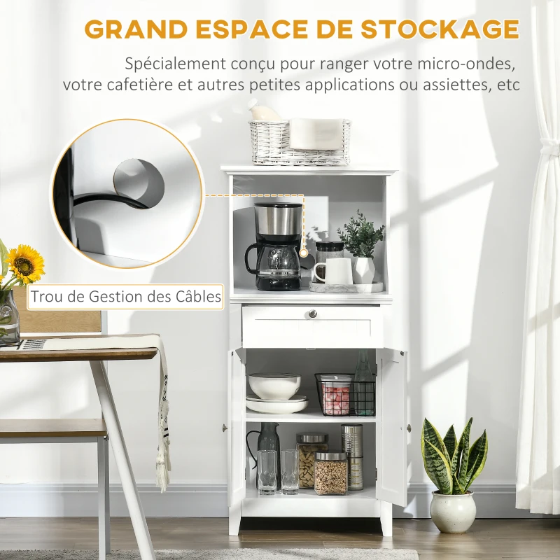 HOMCOM Meuble armoire micro-ondes pour cuisine avec 1 tiroir, 2 Portes 60 x 40 x 122,5 cm - MDF - Blanc