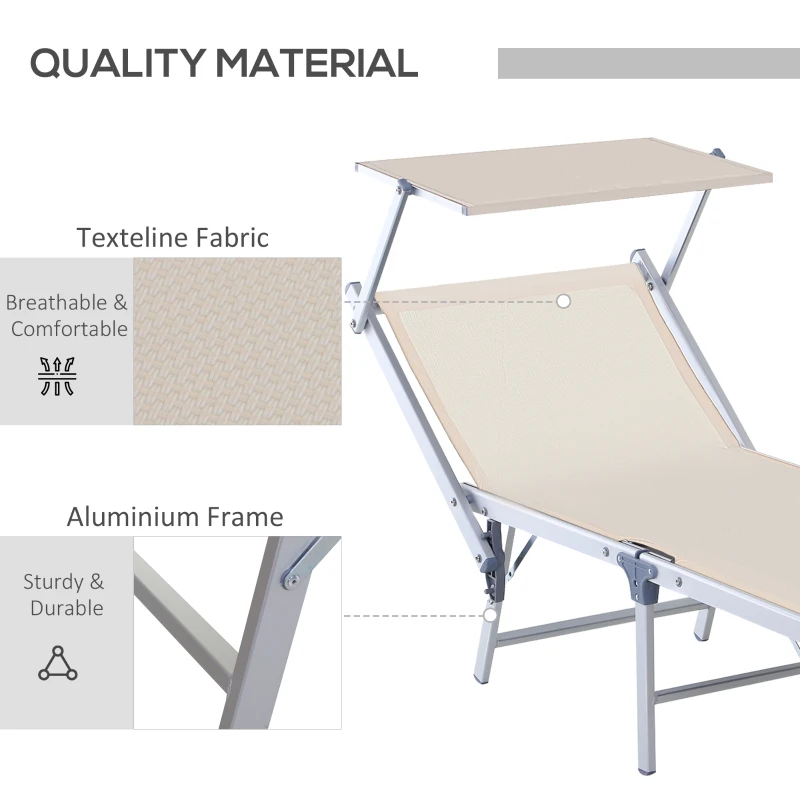 Outsunny Aluminium Foldable Sun Lounger, Outdoor Adjustable Backrest Reclining Chaise Lounge Chair with Sun Roof, Beige