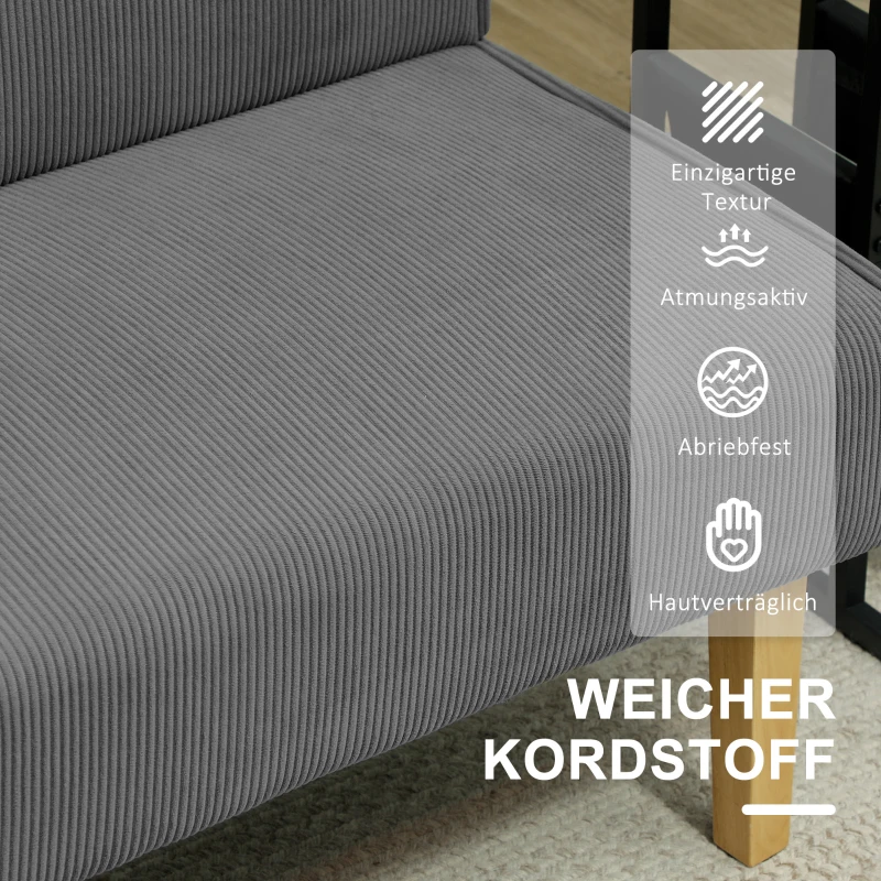 HOMCOM Zweisitzer-Sofa mit Cord-Bezug, dicker Polsterung und soliden Holzbeinen für Wohnzimmer, Schlafzimmer, Büro, Grau(m-4)