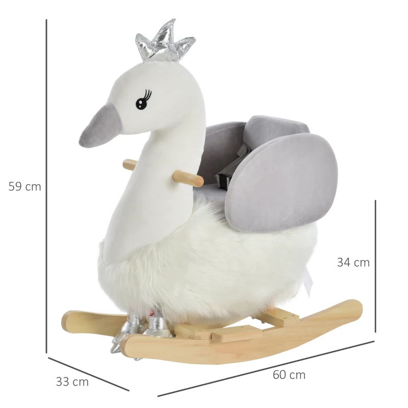 HOMCOM Balancín Infantil en Forma de Cisne de Felpa para Bebés 18-36 Meses con Sonido y Cinturón 60x33x59 cm Gris y Blanco