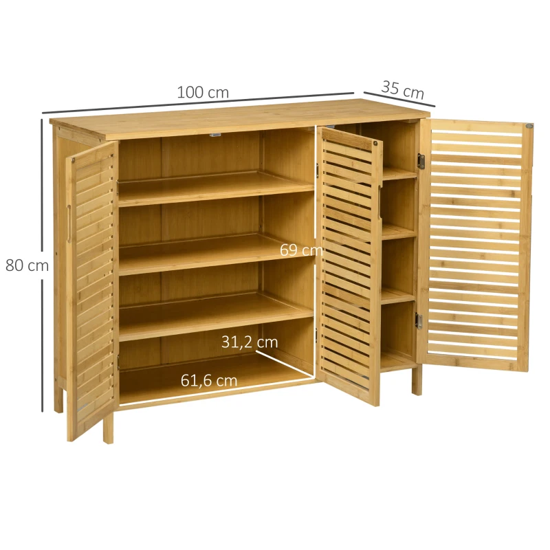 HOMCOM Armario Zapatero de Bambú con 3 Puertas Estantes Ajustables para 16 Pares de Zapatos Antivuelco 100x35x80 cm Natural(m-3)