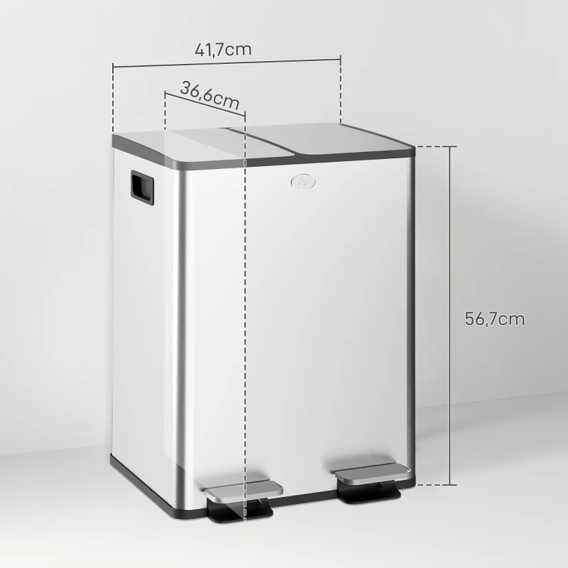 HOMCOM Papelera de Cocina de Acero Inoxidable con 2 Compartimentos 2x20L Pedal Tapas de Cierre Suave y Cubo Extraíble Plata
