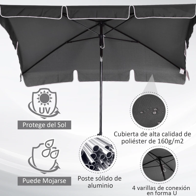 Outsunny Sombrilla de Terraza de Aluminio 198x130x245 cm Parasol de Jardín Rectangular con Función de Inclinación Gris