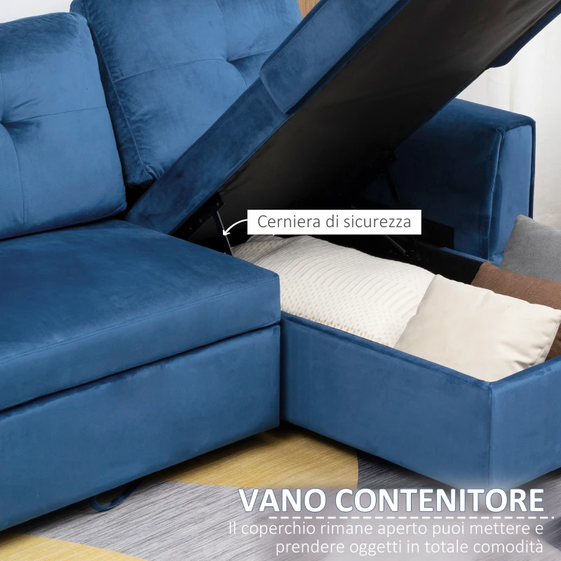 HOMCOM Divano Letto Angolare 3 Posti Effetto Velluto e Chaise Longue con Contenitore, 232x141x85cm, Blu