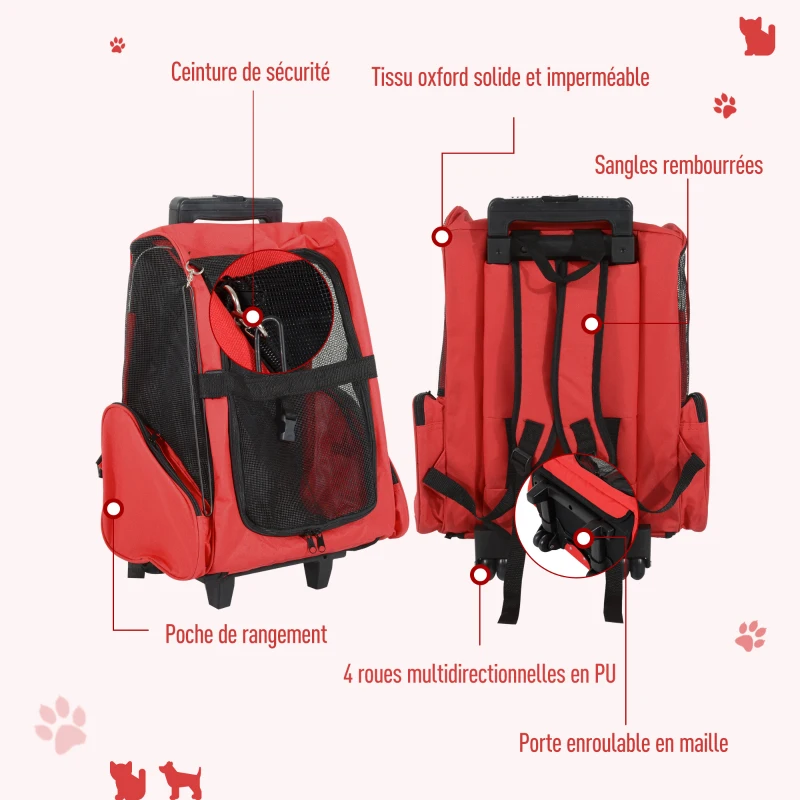 PawHut Sac de transport à roulettes pour chien 2 en 1 trolley chariot sac à dos pour chien chat avec poignée téléscopique, sacs de rangement, aérations, attache de sécurité, 42 x 25 x 55 cm, rouge