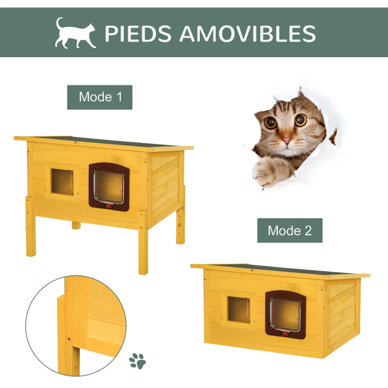 PawHut Maison pour chat en bois niche d'extérieur toit résistant à l'eau avec porte et fenêtre jaune
