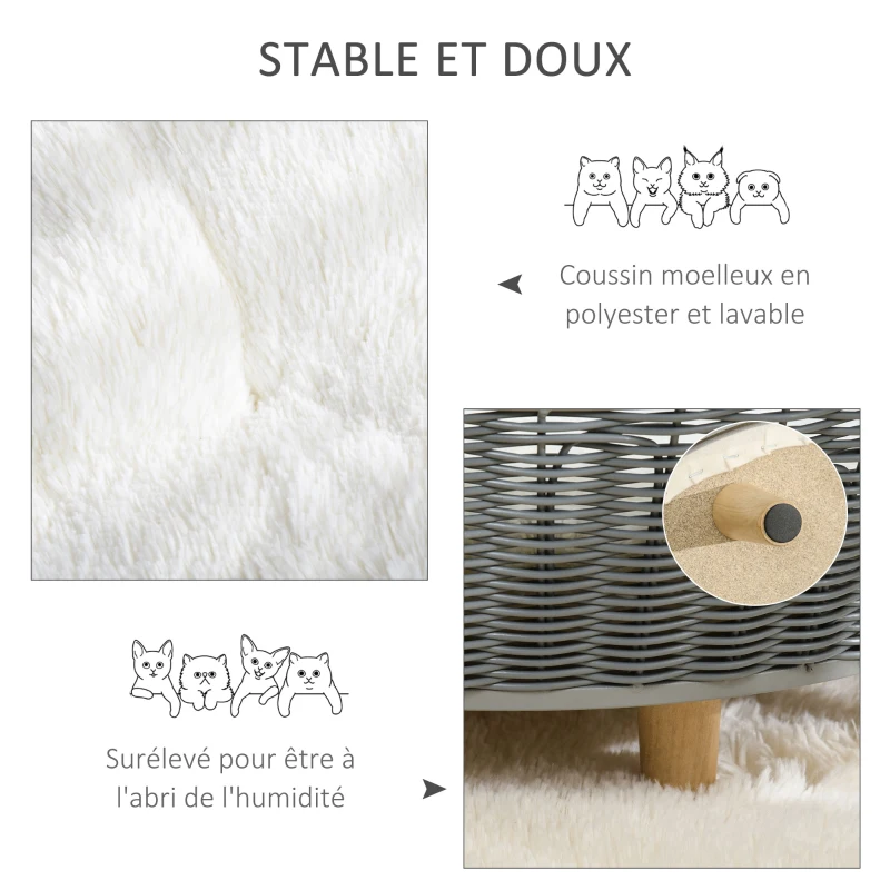 PawHut Panier pour chats surelevé canapé pour animaux en résine tressée imitation rotin lit sur pieds style cosy chic grand confort coussin moelleux lavable intégré 60 x 60 x 23,5 cm gris