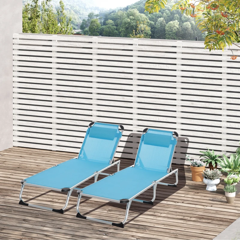 Outsunny Foldable Outdoor Sun Loungers Set of 2, Reclining Lounge Chair Camping Bed Cot with Pillow 4-Level Adjustable Back Aluminium Frame, Blue