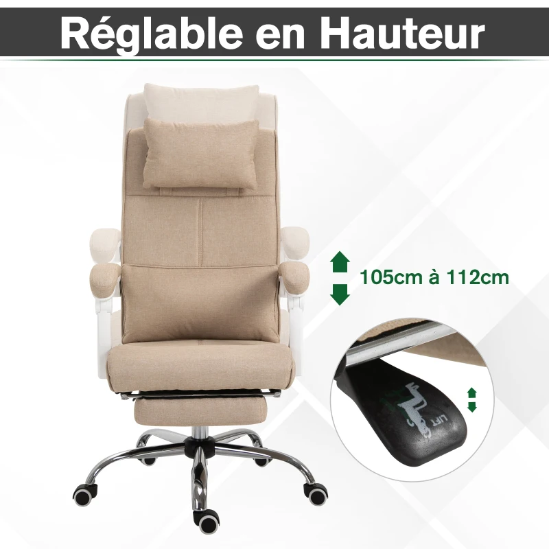 HOMCOM Fauteuil de Bureau Chaise de Bureau Ergonomique avec Repose-Pieds Rétractable, Dossier inclinable, tétière et Soutien des Lombaires, Réglable en Hauteur, en tissu Beige