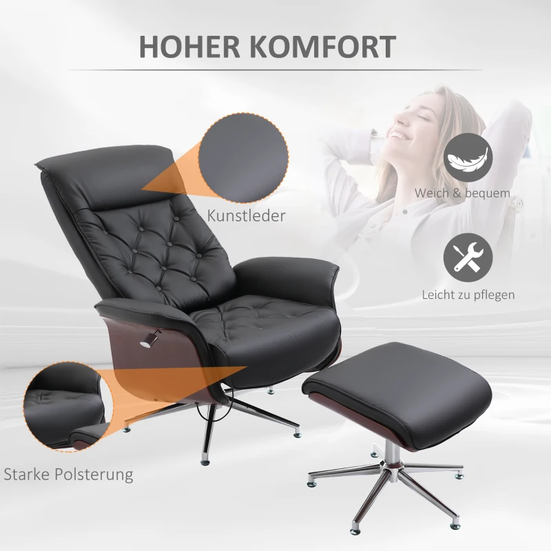 HOMCOM Relaxsessel mit Hocker Fernsehsessel Polstersessel 360° drehbar 145° neigbar mit Retro-Design Chesterfield PU-Bezug Holzverkleidung Metallfuß Schwarz 82 x 83 x 110 cm