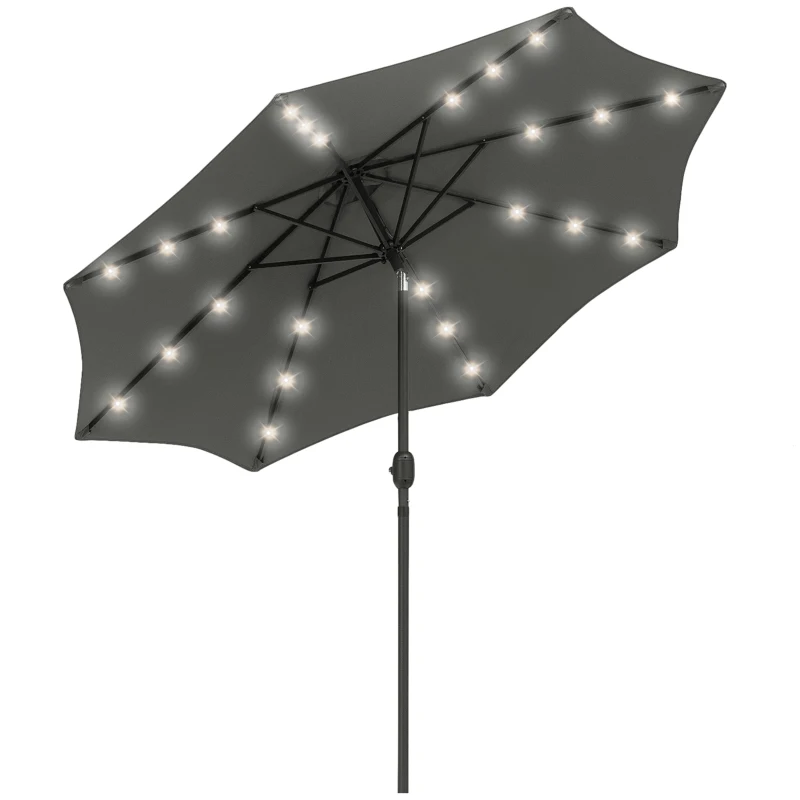 Outsunny Parasol de Terraza Ø268x238 cm con 24 Luces LED Solar Mecanismo de Inclinación Manivela y Poste Desmontable Gris