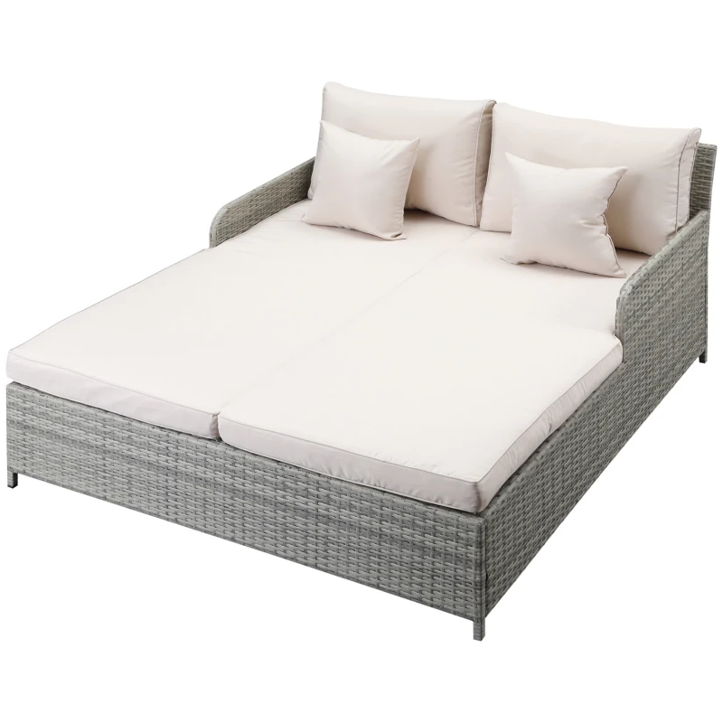 Outsunny Lit canapé double pour jardin en résine tressée PE avec matelas, accoudoirs et 4 coussins dim. 158L x 134l x 70H cm - gris et beige