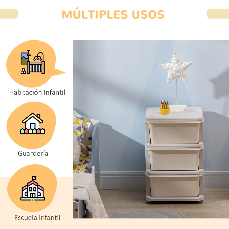 HOMCOM Cajonera de Plástico Organizador para Niños con 3 Cajones Asas para Juguetes Ropa Libros 37x37x56,5 cm Beige