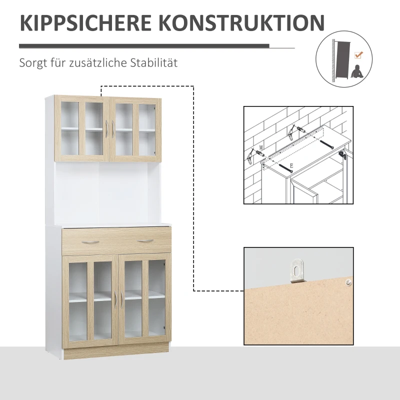 HOMCOM Küchenschrank Hochschrank Küchenbuffet mit Glastüren Geschirrschrank Esszimmerschrank mit 2 Schubladen und 2 Schränken Weiß+Natur 80 x 40 x 180 cm
