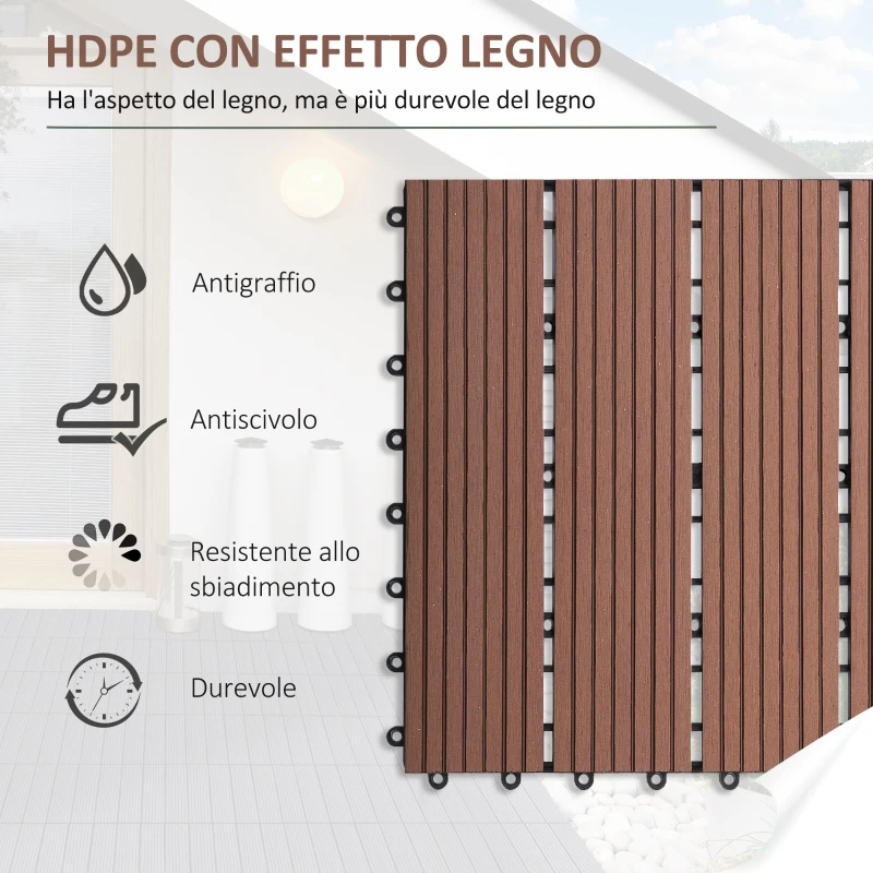 Outsunny Set 11 Piastrelle per Esterni ad Incastro Antiscivolo in HDPE Riciclato, 30x30x2.2 cm, Marrone