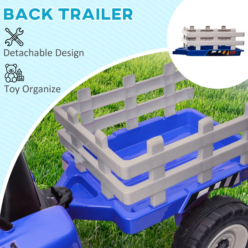 HOMCOM Ride On Tractor, Battery Powered Electric Car, with Detachable Trailer, Remote Control, Music, Blue