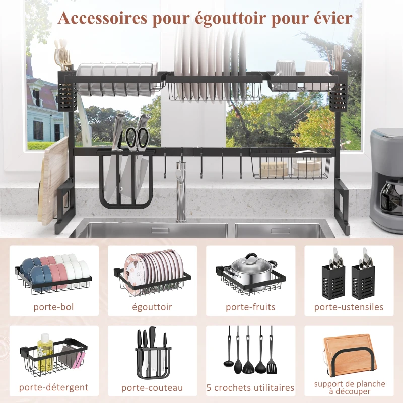 HOMCOM Égouttoir à vaiselle 2 niveaux porte-couteau support pour planche à découper 93 x 30 x 52,5 cm acier noir