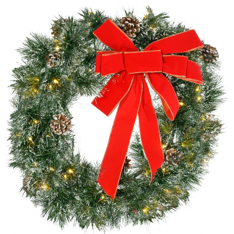 HOMCOM Couronne de Noël artificielle 60 cm, 50 LED avec 8 pommes de pin et 1 nœud ruban rouge