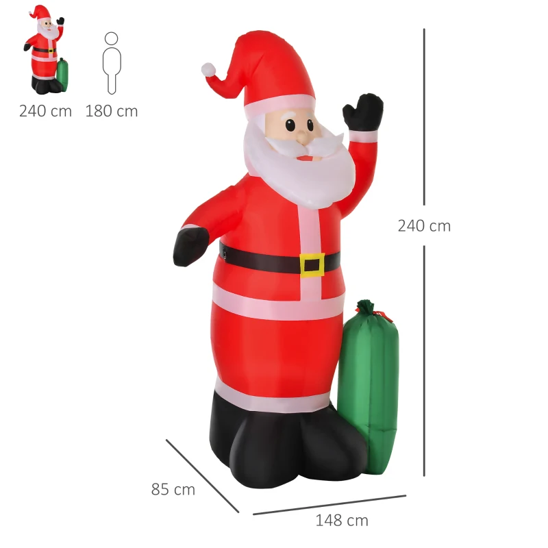 HOMCOM Papá Noel Inflable con Saco de Regalos Santa Claus Hinchable con Luces e Inflador148x85x240 cm Multicolor