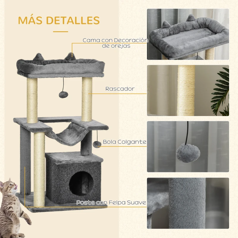 PawHut Árbol para Gatos Altura 90 cm de 3 Niveles con Nido Plataforma Bolas Colgantes y Poste de Sisal 48x48x90 cm Gris