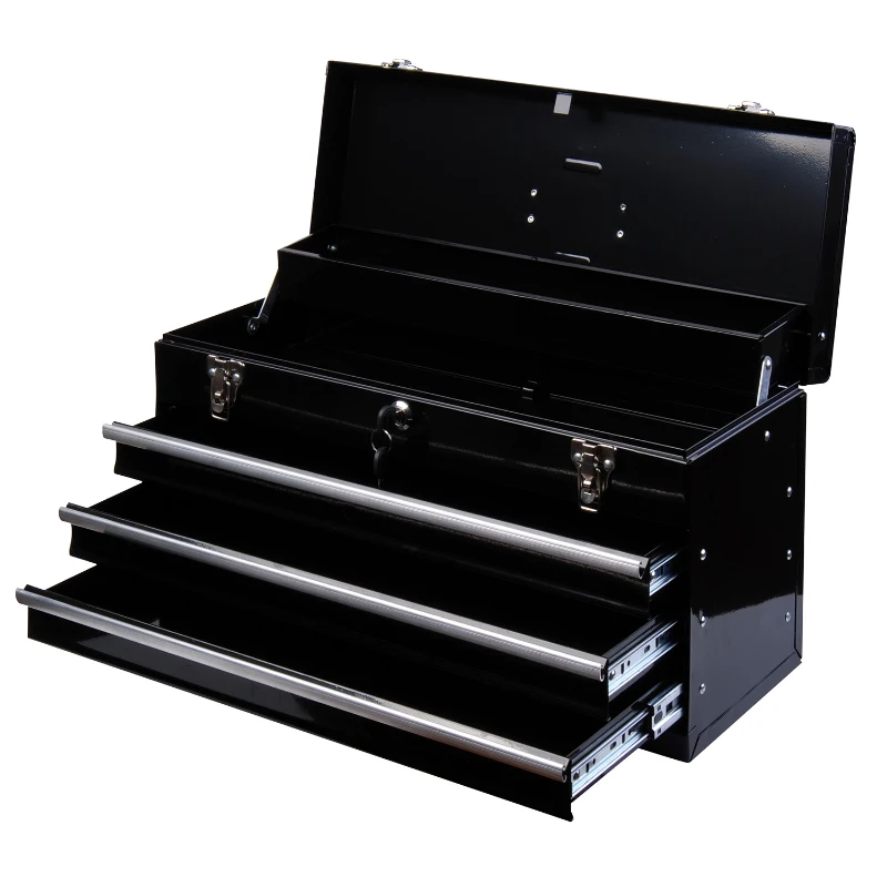 HOMCOM Coffret caisse boite a outils metallique avec 3 tiroirs noir 54 x 22 x 29 cm