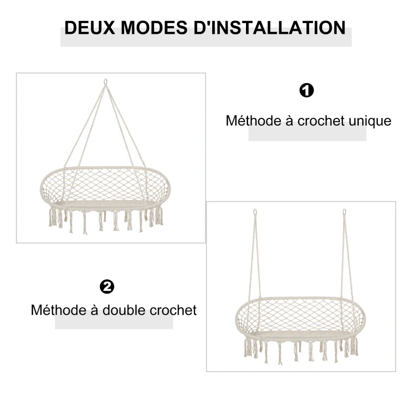Outsunny Chaise Suspendue Banc Suspendu dim. 130L x 75l x 35H m macramé Coton Polyester Beige