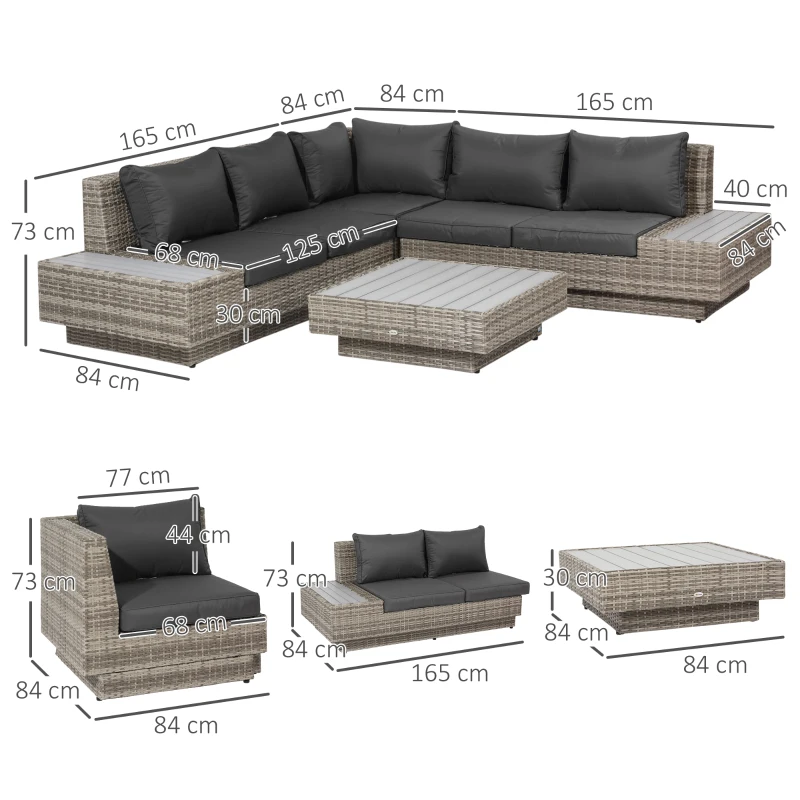 Outsunny 4 PCs Rattan Garden Furniture Outdoor Sectional Corner Sofa and Coffee Table Set  Conservatory Wicker Weave Furniture with Armrest and Cushions - Light Grey