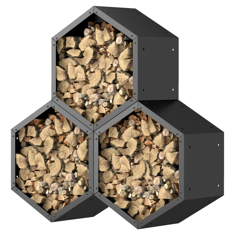 Outsunny Fireplace Log Rack, Steel Firewood Log Holder, 3 Hexagon Boxes, Indoor Outdoor Wood Storage Shelf, 113 x 37 x 113cm, Black