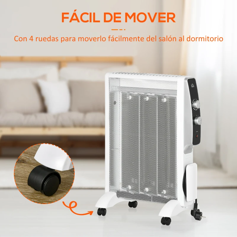 HOMCOM Calefactor Eléctrico 1000W/1500W Radiador de Mica con 2 Niveles de Potencia para 15-18m² 47x26,5x61,5 cm Blanco