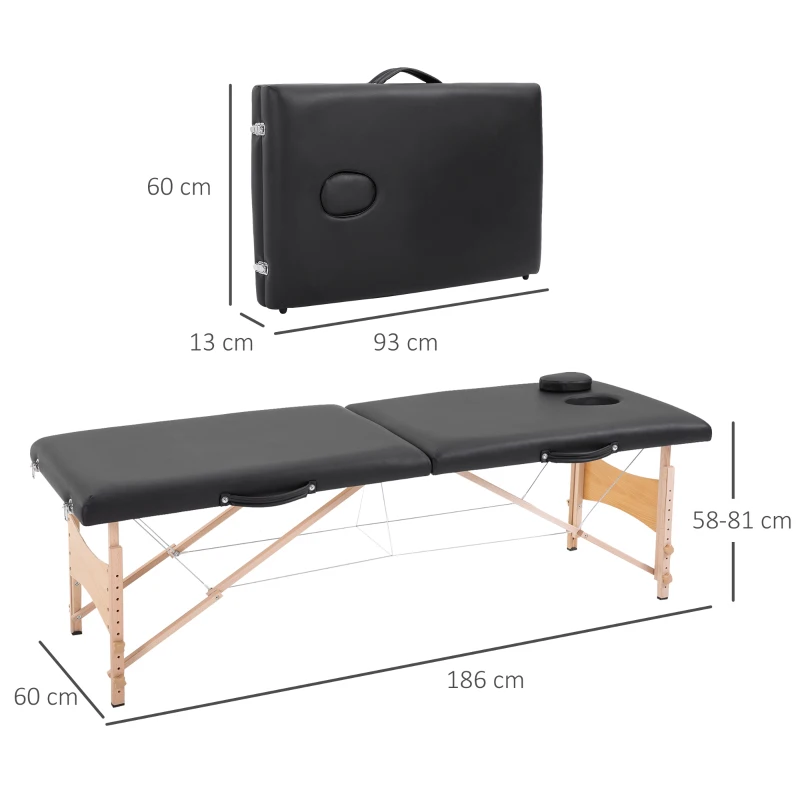 HOMCOM Camilla de Masaje Plegable con Marco de Madera con Altura Regulable y Bolsa de Transporte 186x60x58-81 cm Negro