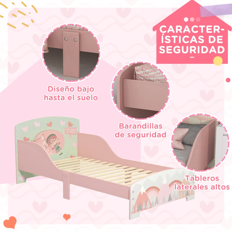 ZONEKIZ Cama para Niños 143x77x60 cm Cama Infantil de 3-6 Años con Barreras de Protección y Estampados Carga Máx. 40 kg Rosa