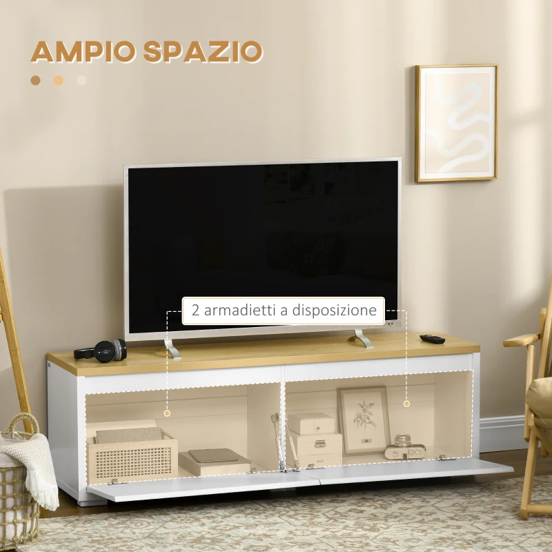HOMCOM Mobile Porta TV fino a 65" con Armadietti e Ante a Ribalta in Truciolato, 140x37x45cm, Bianco e Color legno
