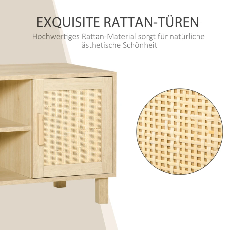 HOMCOM Fernsehtisch Lowboard  TV-Bank TV-Kommode mit 2 Rattantüren und Offene Regale MDF Natur 115 x 40 x 48 cm
