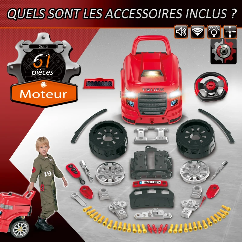 HOMCOM Camion mécano 2 en 1 - Jouet Bricolage Enfant - Établi Enfant - Jeu d'imitation mécanicien - Nombreux Accessoires Total de 61 pièces - Effets sonores et Lumineux - PP ABS Rouge