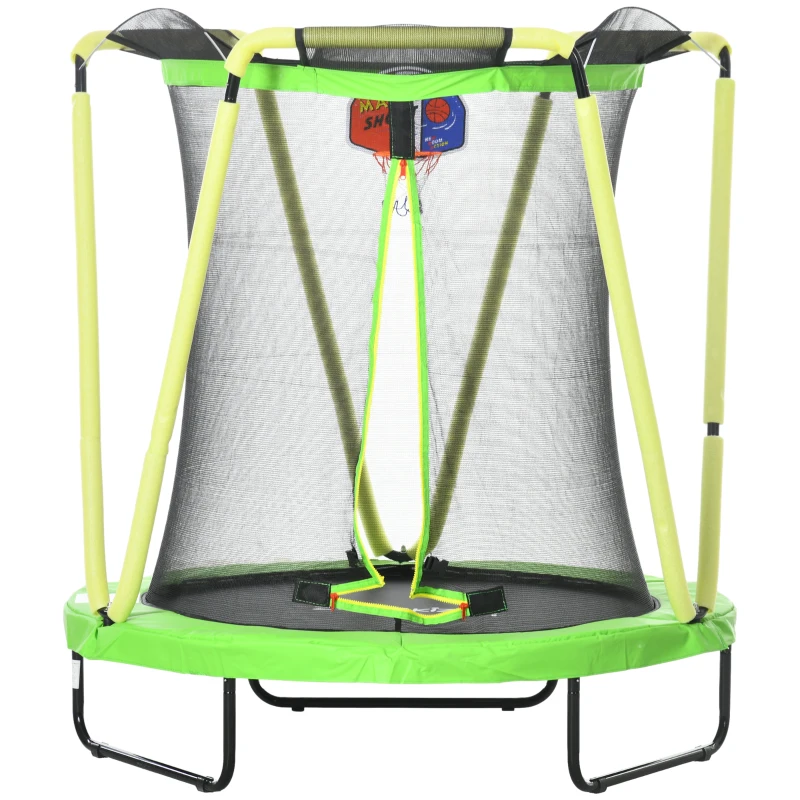 ZONEKIZ Trampolino Elastico per Bambini 3-10 Anni con Rete di Sicurezza, Canestro e Palle, Ø140x155cm, Verde
