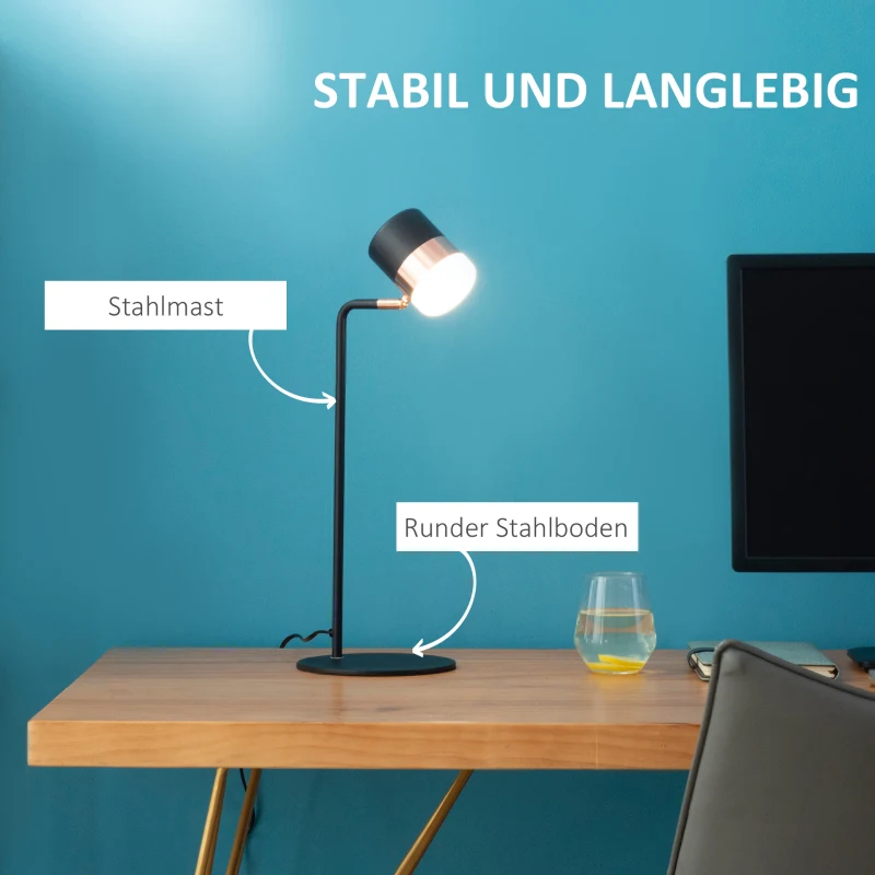 HOMCOM Tischlampe Nachttischlampe Tischleuchte LED 90° verstellbar Industrial Stil Metall Schwarz+Gold 27 x 24 x 51 cm