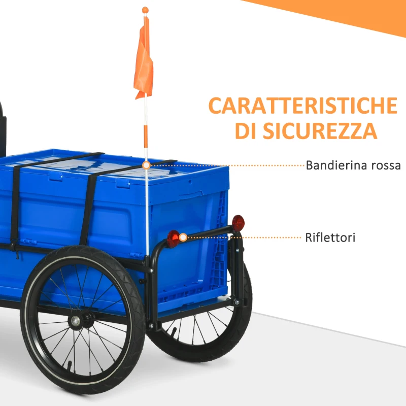 HOMCOM Rimorchio Bici ad Altezza Regolabile con Box Portaoggetti da 65L in Plastica, in Acciaio, 145x61x76/81 cm, Blu