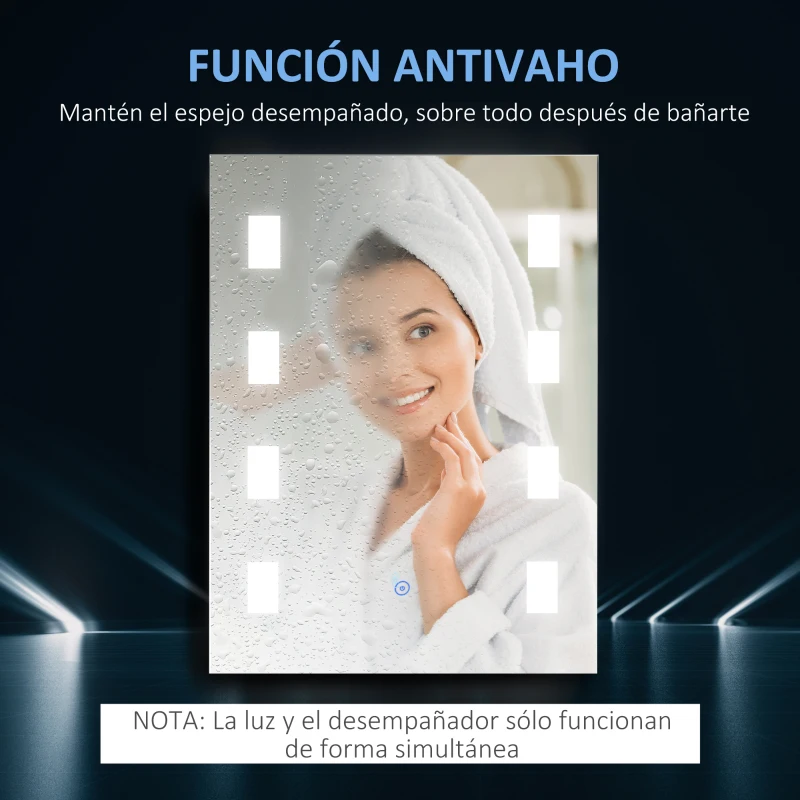 kleankin Espejo de Baño con Luz LED con Función de Antivaho Marco de Aluminio e Interruptor Táctil 70x50 cm Plata