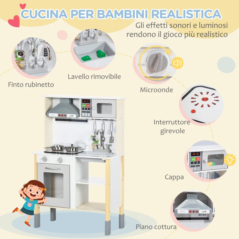 HOMCOM Cucina Giocattolo per Bambini con Altezza Regolabile, Suoni, Luci e Utensili, in MDF e PP, 60x30.5x93.2 cm
