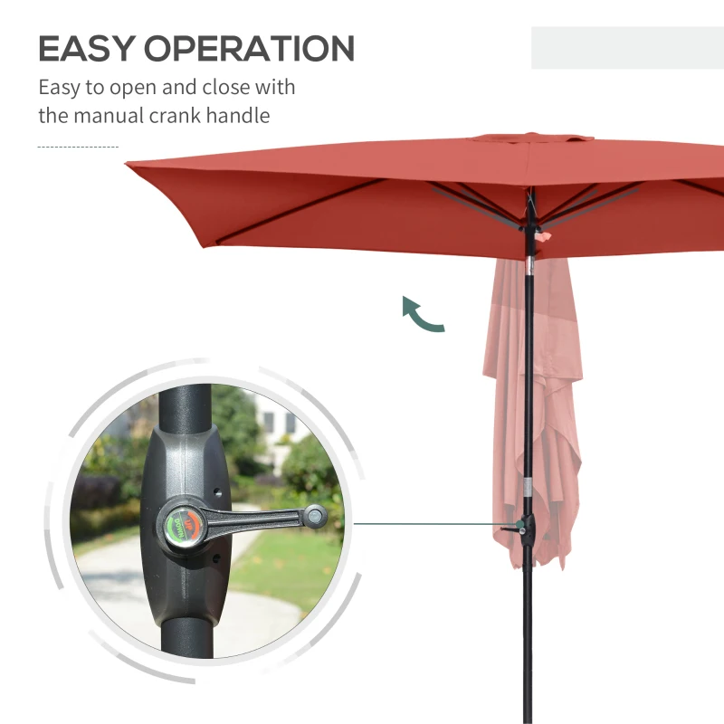 Outsunny 2 x 3(m) Garden Parasol Umbrella, Rectangular Outdoor Market Umbrella Sun Shade with Crank & Push Button Tilt, 6 Ribs, Aluminium Pole, Wine Red