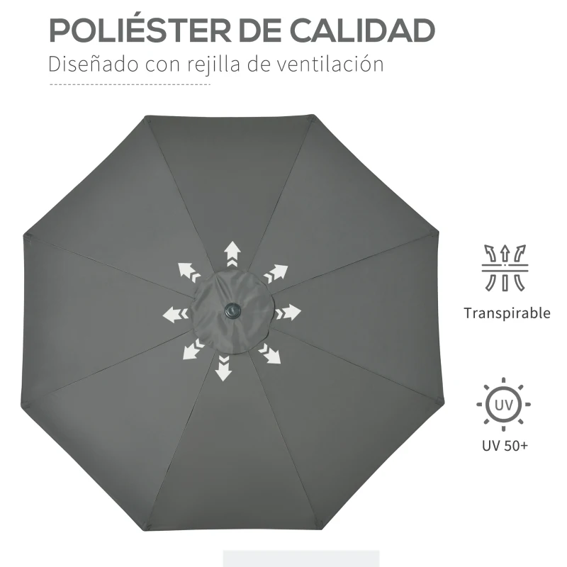 Outsunny Parasol de Jardín de Aluminio  Ø264x253 cm con Ángulo Ajustable Protección UV 50+ Manivela Gris