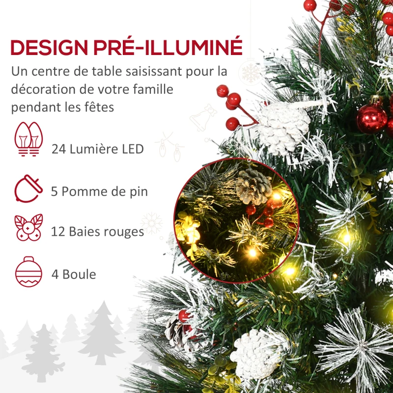 HOMCOM Sapin de Noël artificiel hauteur 75 cm aspect enneigé - lot de 2 sapins LED - 8 modes d'éclairage - 70 branches - décoration incluse - usage extérieur intérieur